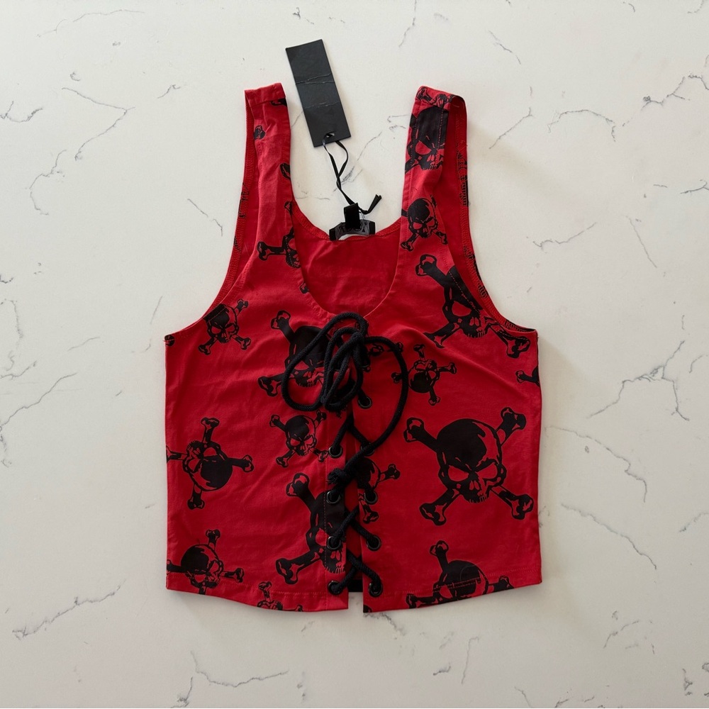 Red Skull Lace-Up Women's Top - PLAIN DISGUISE LACE-UP TANK DOLLS KILL